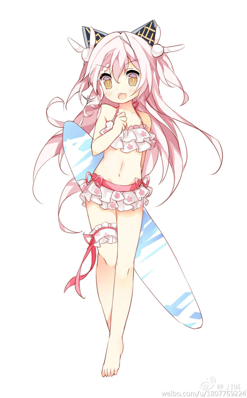 >:d, 1girl, :d, absurdres, alternate_costume, animal_ears, arm_behind_back, barefoot, blush, braid, brown_eyes, bunny_hair_ornament, clenched_hand, collarbone, crossed_legs, eyebrows, eyebrows_visible_through_hair, fake_animal_ears, fang, feet, floral_print, french_braid, frilled_swimsuit, frills, full_body, hair_between_eyes, hair_ornament, highres, legs_together, long_hair, navel, open_mouth, pink_hair, shimakaze_(zhan_jian_shao_nyu), short_twintails, simple_background, sketch, smile, solo, standing, surfboard, swimsuit, thigh_strap, tsukimi_(xiaohuasan), twintails, watermark, weibo_username, white_background, zhan_jian_shao_nyu