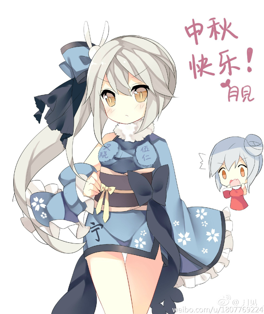 /\/\/\, 2girls, absurdres, asymmetrical_sleeves, background, black_bow, blue_bow, blue_dress
