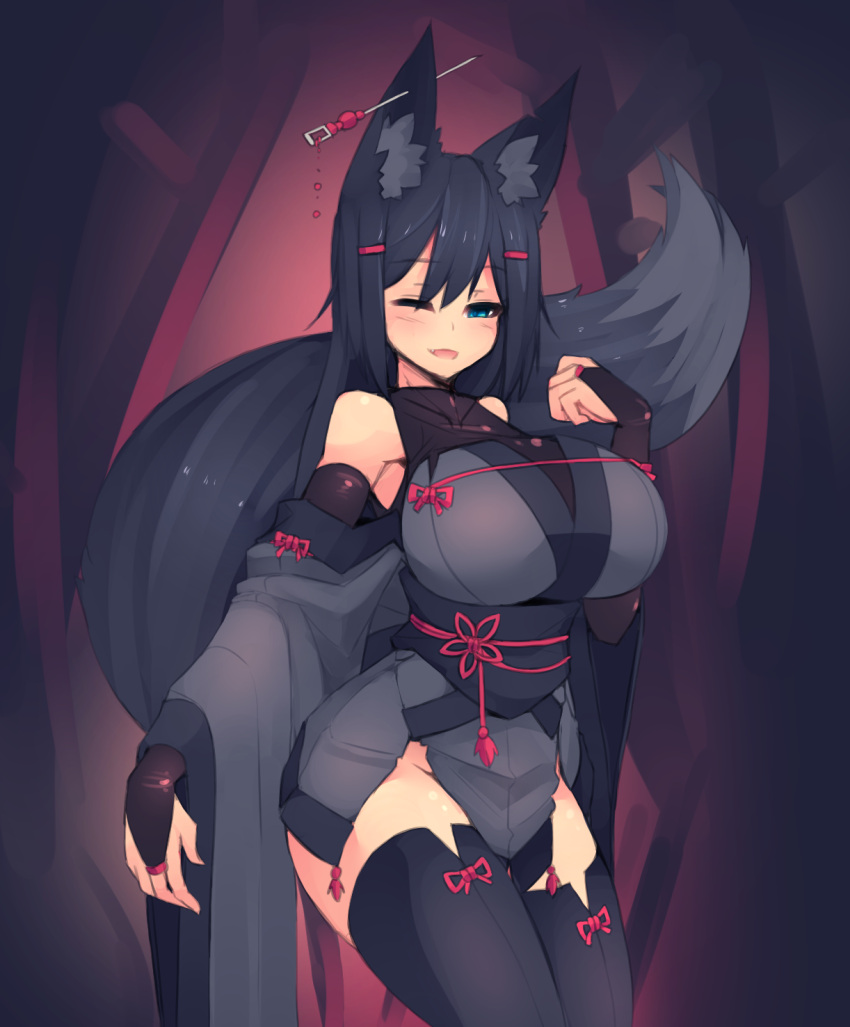 1girl, ;d, animal_ears, bare_shoulders, black_hair, black_legwear, blue_eyes, breasts