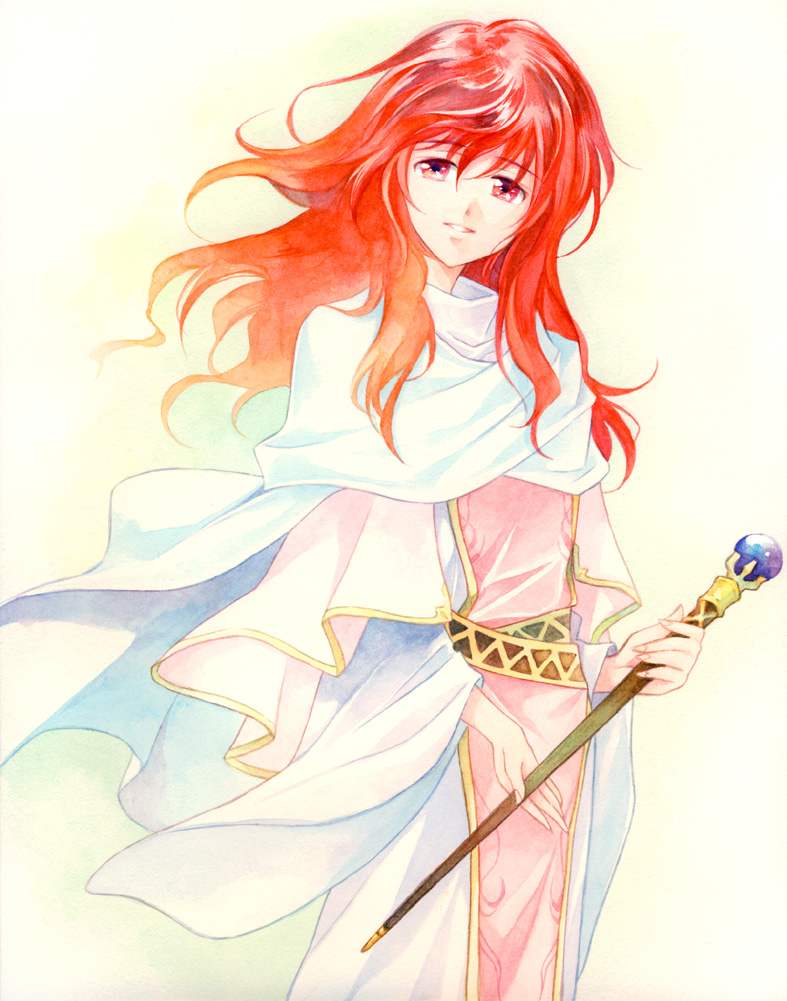fire_emblem, fire_emblem:_mystery_of_the_emblem, fire_emblem_mystery_of_the_emblem, fire_emblem_shadow_dragon, lena_(fire_emblem), lena_(fire_emblem_mystery_of_the_emblem), long_hair, red_eyes, red_hair, redhead, rena_(fire_emblem), robe, staff, tabard