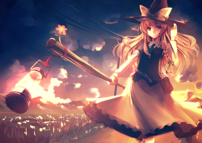 1girl, adapted_costume, adjusting_clothes, adjusting_hat, backlighting, belt_pouch, black_skirt, black_vest