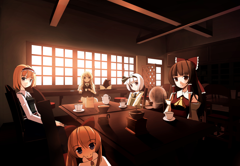 4girls, alice_margatroid, ascot, black_ribbon, bow, chair, clere, closed_mouth, cup, detached_sleeves, dress, hair_bow, hair_ribbon, hair_tubes, hairband, hakurei_reimu, hat, hat_bow, hat_removed, headwear_removed, indoors, japanese_clothes, kirisame_marisa, konpaku_youmu, lolita_hairband, long_hair, long_sleeves, looking_at_viewer, miko, multiple_girls, red_bow, ribbon, sash, shanghai_doll, shirt, short_hair, sitting, smile, sunlight, table, tea, teacup, teapot, touhou, vest, white_bow, witch_hat