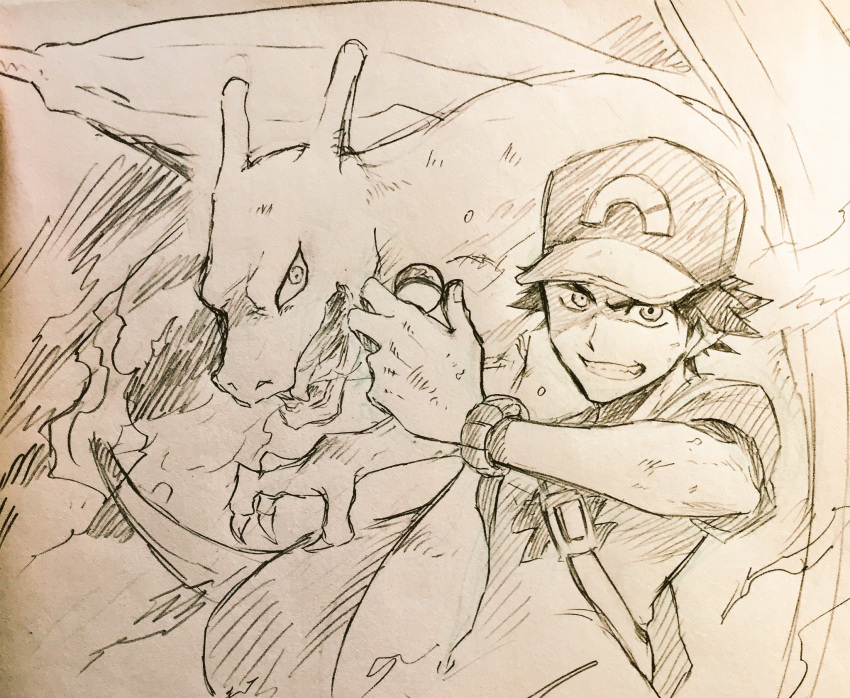 1boy, backpack, bag, baseball_cap, charizard, clenched_teeth, clothes_writing, graphite_(medium)