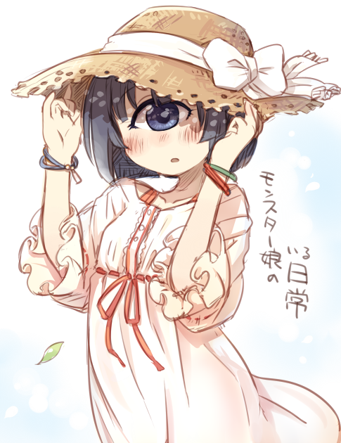 1girl, 7010, black_hair, blue_eyes, blush, bow, bracelet, copyright_name