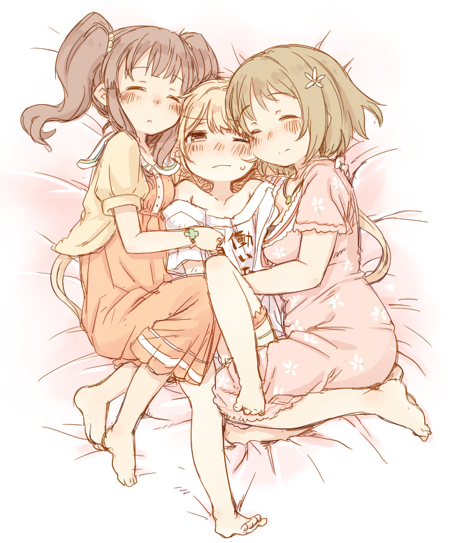 3girls, 7010, barefoot, blonde_hair, blush, brown_eyes, brown_hair, candy_island, closed_eyes, clothes_writing, floral_print, flower, futaba_anzu, girl_sandwich, hair_flower, hair_ornament, hug, idolmaster, idolmaster_cinderella_girls, long_hair, lying, mimura_kanako, multiple_girls, ogata_chieri, on_back, on_side, one_eye_closed, pajamas, sandwiched, shirt, short_hair, sleeping, sweatdrop, t-shirt, twintails, wince, you_work_you_lose