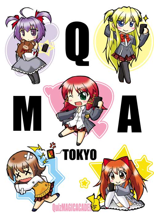 5girls, aiko_(quiz_magic_academy), aloe_(quiz_magic_academy), blonde_hair, blue_eyes, brown_hair, cellphone, circle, green_eyes, heart, long_hair, multiple_girls, myu_(quiz_magic_academy), open_mouth, phone, pikachu, pokemon, pokemon_(game), purple_hair, quiz_magic_academy, redhead, ribbon, ruquia, school_uniform, shalon, short_hair, skirt, star, stuffed_animal, stuffed_toy, teddy_bear, toy, very_long_hair, violet_eyes, x_x, yellow_eyes