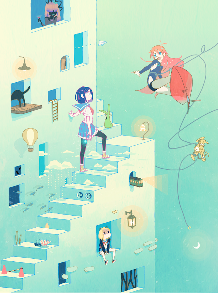 4girls, antenna_hair, aqua, bangs, black_cat, black_eyes, black_legwear, black_skin