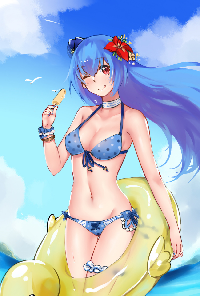 ;p, alternate_costume, bikini, bird, blue_bikini, blue_hair, blue_hat, blue_sky