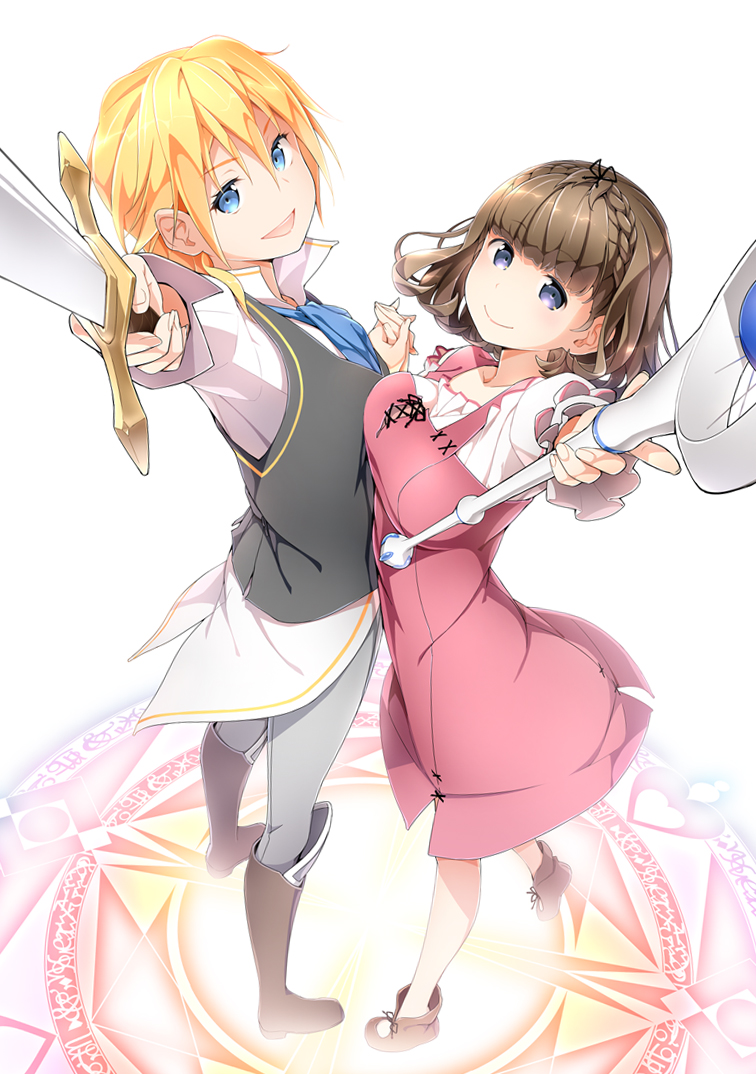2girls, :d, akata_itsuki, asymmetrical_docking, blonde_hair, blue_eyes, boots, braid, breast_press, brown_hair, cover, cover_page, crown_braid, foreshortening, full_body, hands_together, holding, holding_staff, holding_sword, holding_weapon, long_sleeves, looking_at_viewer, magic_circle, mavis_von_austine, multiple_girls, novel_cover, official_art, open_mouth, pauline_(noukin), reaching_out, short_hair, smile, staff, standing, sword, watashi_nouryoku_wa_heikinchi_de_tte_itta_yo_ne!, weapon, white_background