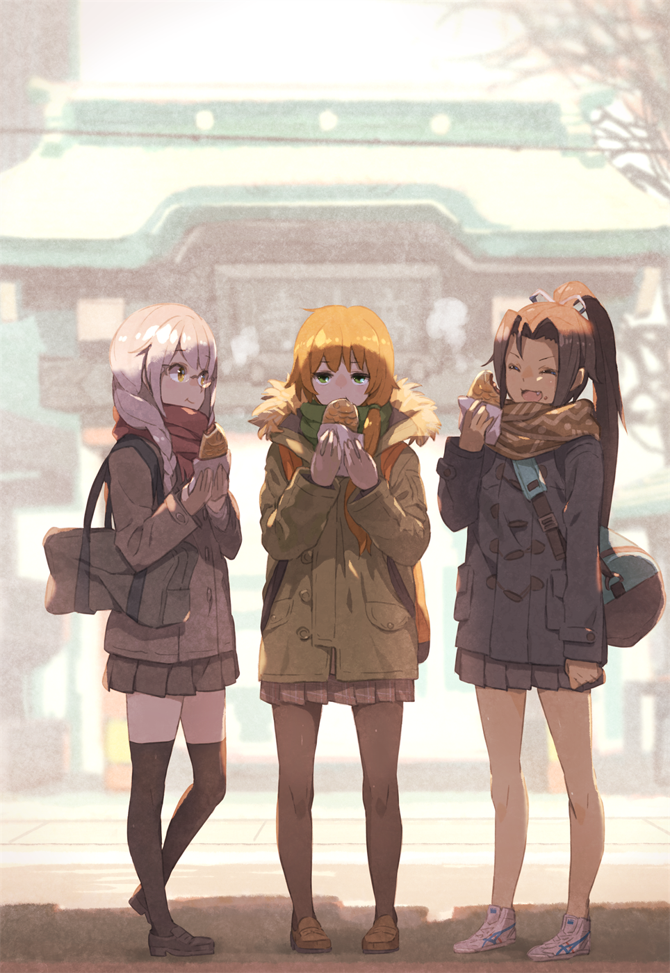 3girls, :t, ^_^, ^o^, aguila, arm_at_side, backpack, bag