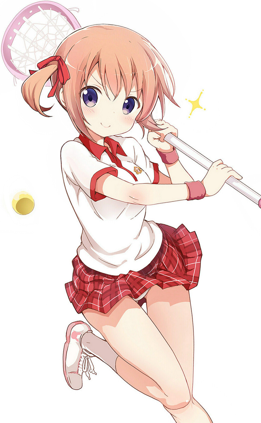 >:), 1girl, ball, bangs, blush, breasts, gochuumon_wa_usagi_desu_ka?, hair_ribbon