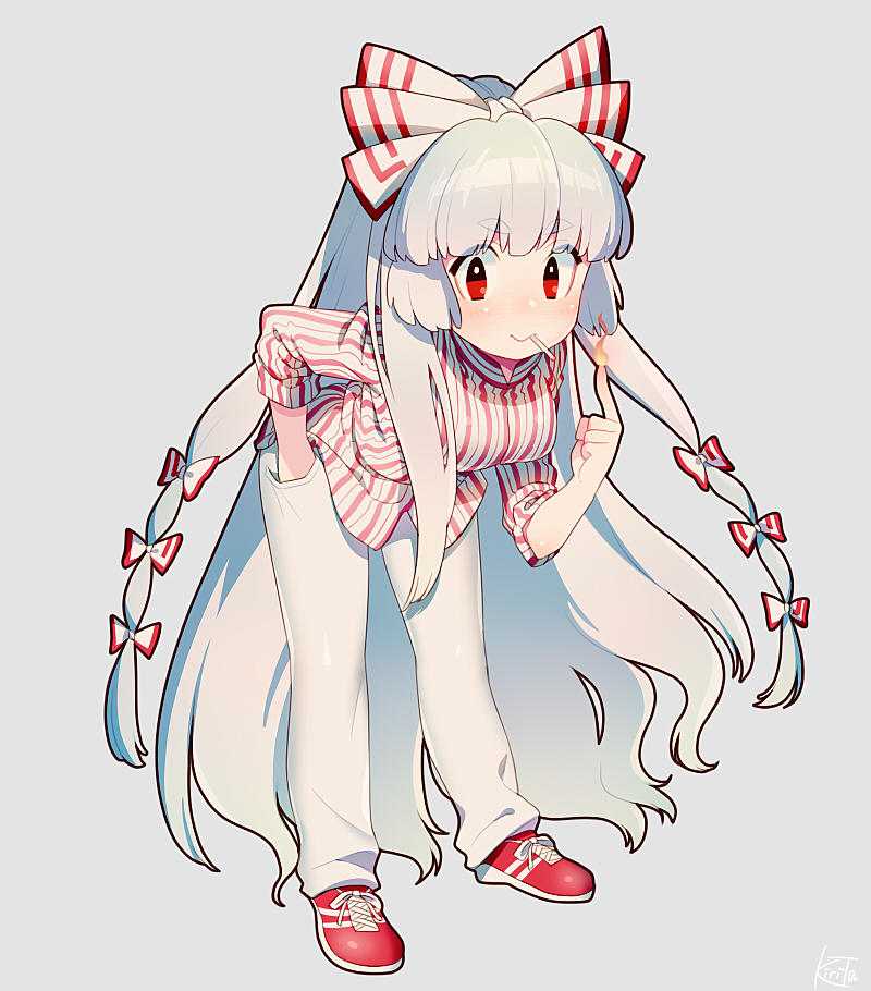 1girl, alternate_costume, bow, cigarette, fire, fujiwara_no_mokou, hair_bow, hand_in_pocket, hirasawa_susumu, hirasawa_susumu_(cosplay), index_finger_raised, kiri_futoshi, leaning_forward, long_hair, mouth_hold, p-model, red_eyes, shirt, smile, striped, striped_shirt, touhou, very_long_hair, white_hair