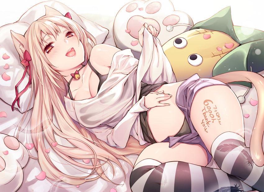 1girl, animal_ears, bell, bell_collar, black_panties, blonde_hair, bow, breasts