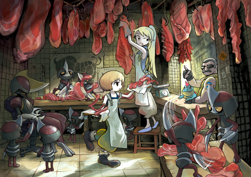1boy, 2girls, apron, arm_tattoo, arm_up, baggy_pants, bisharp, black_gloves, black_hair, blonde_hair, boots, brown_gloves, brown_hair, butcher, chair, character_request, cleaver, counter, croconaw, facial_hair, fingerless_gloves, food, gloves, high_ponytail, holding, hook, index_finger_raised, indoors, kitchen_scale, long_hair, looking_at_another, looking_back, meat, multiple_girls, mustache, office_chair, pants, paper, pawniard, piplup, pointing, pokemon, ponytail, poster_(object), saboterian, scales, shoes, shop, short_hair, sleeveless, standing_on_object, steak, stool, sunglasses, tattoo, tauros, tile_floor, tile_wall, tiles, weighing_scale