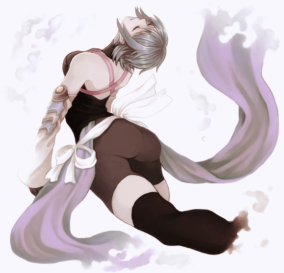 1girl, aqua_(kingdom_hearts), arched_back, ass, bangs, bare_shoulders, bike_shorts, black_gloves, black_legwear, blue_hair, breasts, closed_eyes, detached_sleeves, dissolving, from_behind, gloves, hair_between_eyes, kingdom_hearts, kingdom_hearts_birth_by_sleep, leaning_back, long_sleeves, look, medium_breasts, parted_lips, ribbon, short_hair, silver_background, simple_background, solo, thigh-highs, turtleneck, white_ribbon, wide_sleeves, zettai_ryouiki