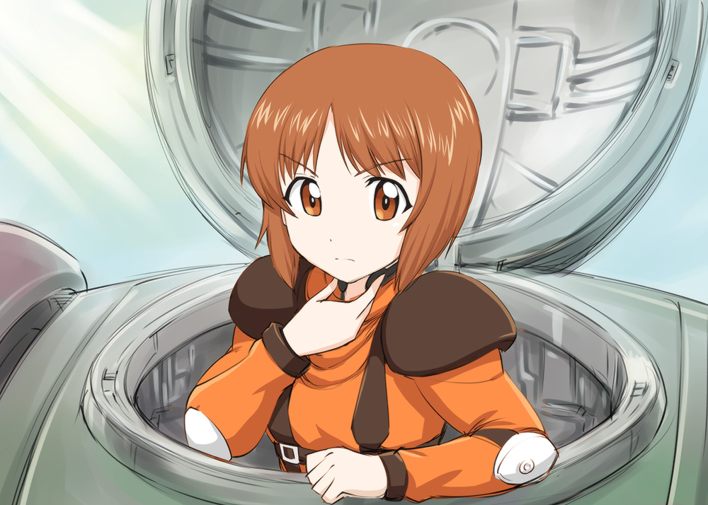 1girl, brown_eyes, brown_hair, buckle, crossover, elbow_pads, frown, girls_und_panzer