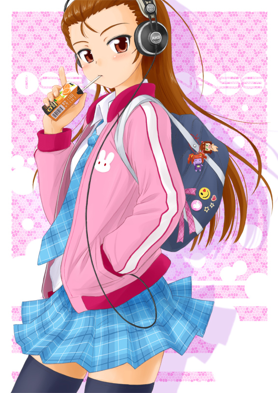 black_legwear, black_thighhighs, blush, brown_eyes, brown_hair, bunny, dress_shirt, hand_in_pocket