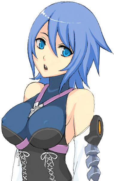 1girl, :o, aqua_(kingdom_hearts), bangs, bare_shoulders, blue_eyes, blue_hair, breasts