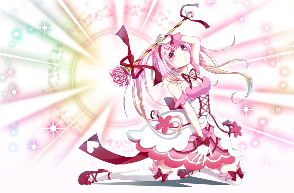 1girl, bare_shoulders, bow, breasts, cleavage, collar, corset, dress, full_body, gloves, gradient_hair, hand_on_own_head, heart, kazunehaka, kneehighs, kneeling, magical_girl, medium_breasts, multicolored_hair, original, pink_dress, pink_eyes, pink_hair, ribbon, scepter, solo, twintails, white_gloves