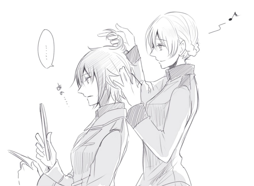 2girls, darjeeling, girls_und_panzer, greyscale, monochrome, multiple_girls, musical_note, nishizumi_maho