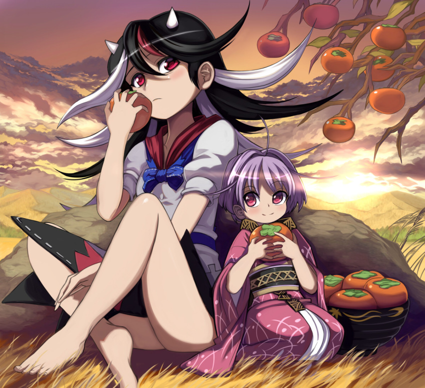2girls, ahoge, alternate_hair_length, alternate_hairstyle, barefoot, black_hair, blue_bow, blue_bowtie