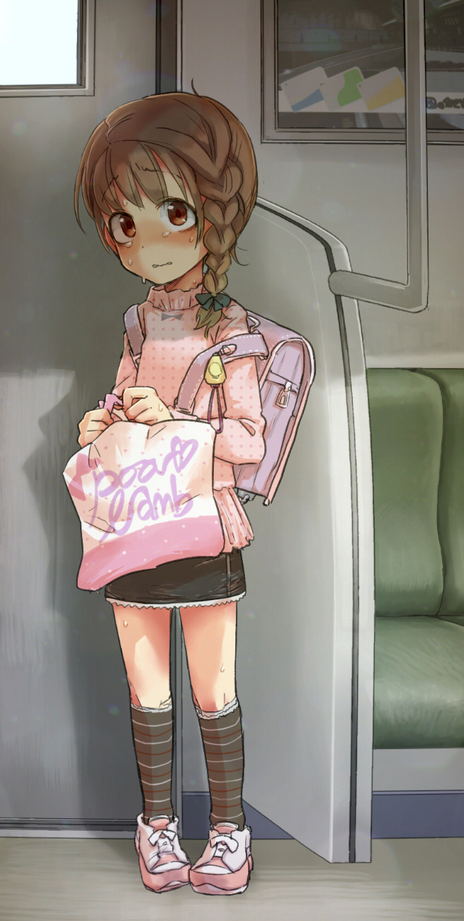 1girl, backpack, bag, braid, brown_eyes, brown_hair, crime_prevention_buzzer, ground_vehicle