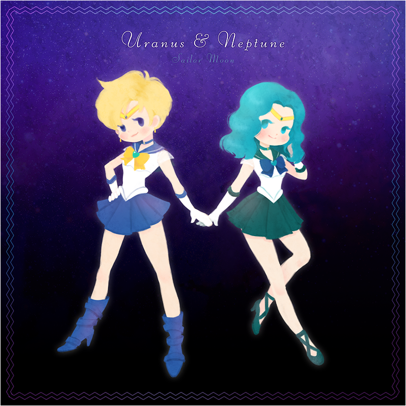 2girls, aqua_hair, aqua_shoes, aqua_skirt, bare_legs, bishoujo_senshi_sailor_moon, blonde_hair, blue_boots, blue_skirt, boots, bow, character_name, circlet, copyright_name, cross-laced_footwear, elbow_gloves, frame, full_body, gloves, ispan, kaiou_michiru, multiple_girls, outer_senshi, sailor_collar, sailor_neptune, sailor_uranus, shoes, short_hair, skirt, super_sailor_neptune, super_sailor_uranus, ten'ou_haruka, touching, very_short_hair, white_gloves