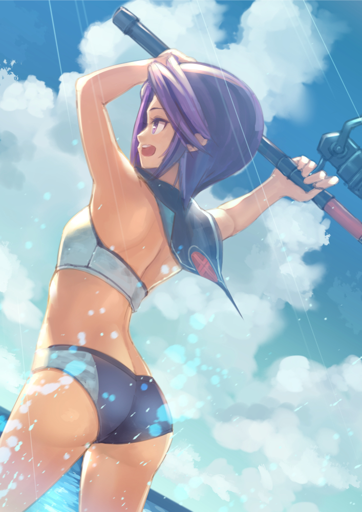 1girl, bikini, fishing_rod, purple_hair, ryouku, short_hair, solo, summon_night
