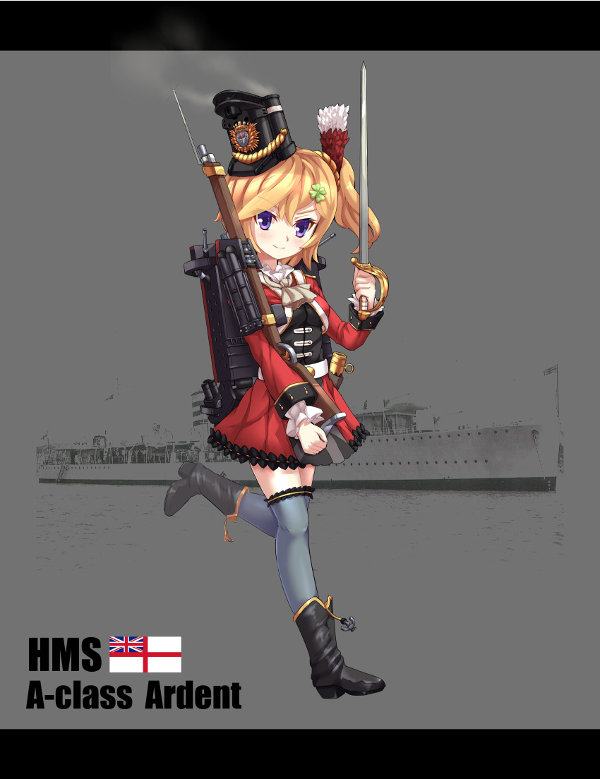 1girl, absurdres, anchor, ardent_(zhan_jian_shao_nyu), black_hat, black_shirt, black_shoes, blonde_hair, blush, breasts, british, character_name, closed_mouth, clover, clover_hair_ornament, coat, cravat, cropped_jacket, emblem, four-leaf_clover, grey_legwear, gun, hair_ornament, hat, highres, hms_ardent, holding, holding_sword, holding_weapon, long_sleeves, looking_at_viewer, machinery, military, military_vehicle, official_art, one_leg_raised, photo_background, red_coat, red_skirt, rifle, saber_(weapon), scabbard, sheath, ship, shirt, shoes, side_ponytail, sirills, skirt, smile, smoke, solo, standing, standing_on_one_leg, sword, text, thigh-highs, torpedo, union_jack, violet_eyes, warship, watercraft, weapon, white_belt, white_ensign, zettai_ryouiki, zhan_jian_shao_nyu