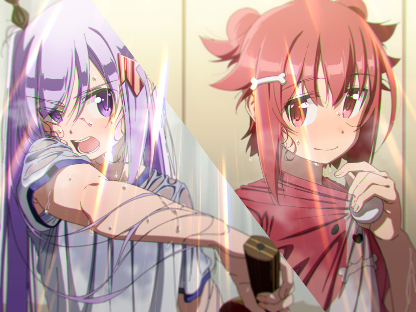 2girls, arrow_hair_ornament, ball, bangs, boko_(maniacpurple), bone_hair_ornament, collar_tug, dripping