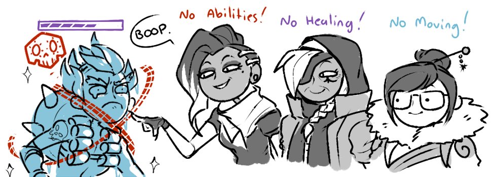 1boy, 3girls, ana_(overwatch), asymmetrical_hair, crying, eyeshadow, facial_tattoo, gameplay_mechanics