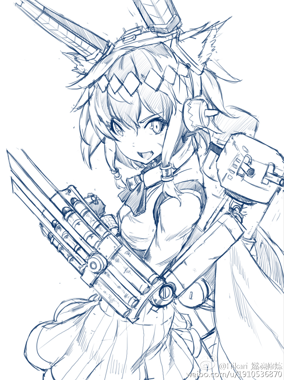 1girl, animal_ears, bell, cannon, claw_(weapon), cowboy_shot, fang, headgear