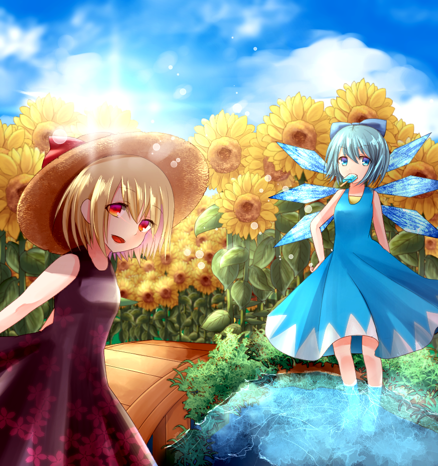 2girls, :d, adapted_costume, backlighting, bare_arms, bare_shoulders, blood, blue_bow