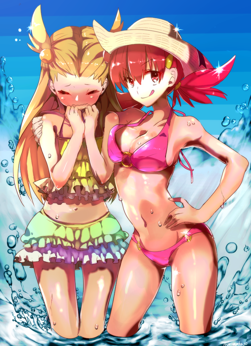 2girls, :q, akane_(pokemon), ao_(batsumaruha_to), bikini, blue_sky, blush, breasts