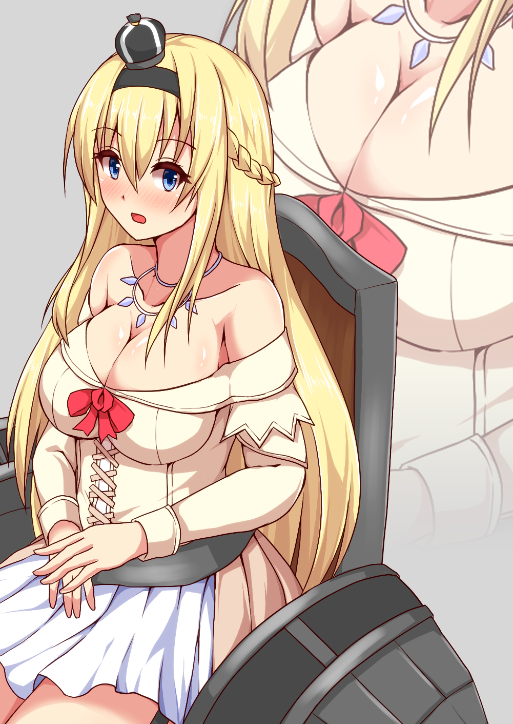 1girl, bare_shoulders, blonde_hair, blue_eyes, blush, braid, breasts, cleavage, crown, dress, flower, french_braid, hairband, hakuhou_(ende_der_welt), highres, jewelry, kantai_collection, large_breasts, long_hair, long_sleeves, mini_crown, necklace, off-shoulder_dress, off_shoulder, red_ribbon, red_rose, ribbon, rose, warspite_(kantai_collection), white_dress, zoom_layer