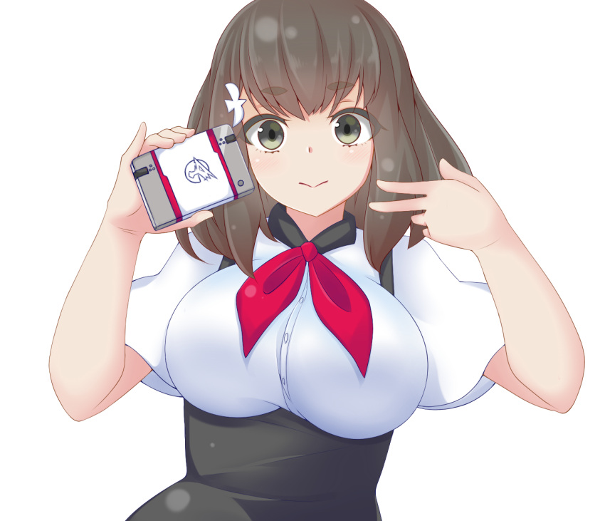 1girl, :>, blush, breasts, brown_eyes, brown_hair, eyebrows, eyebrows_visible_through_hair