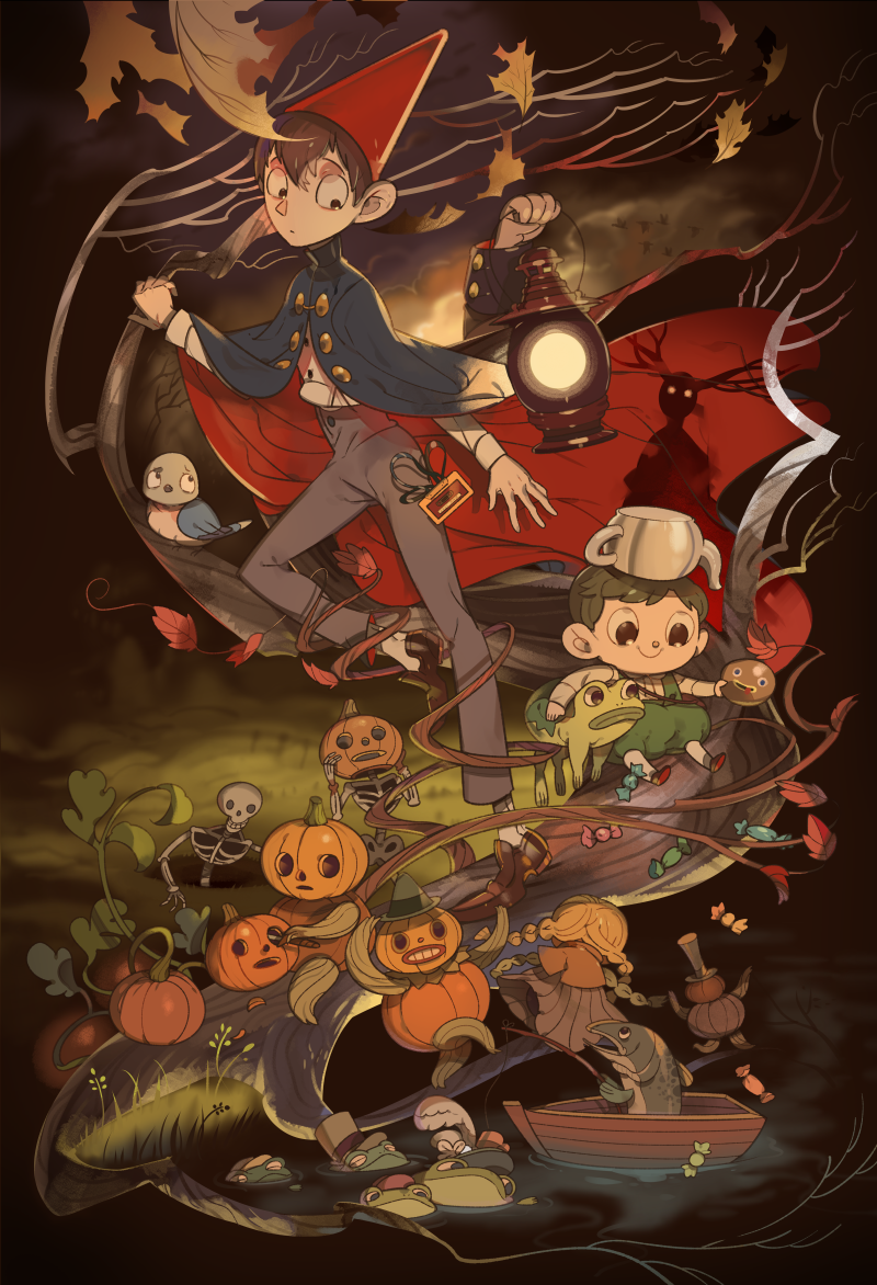 2boys, beatrice_(over_the_garden_wall), bird, brothers, brown_hair, candy, cape, cassette_tape