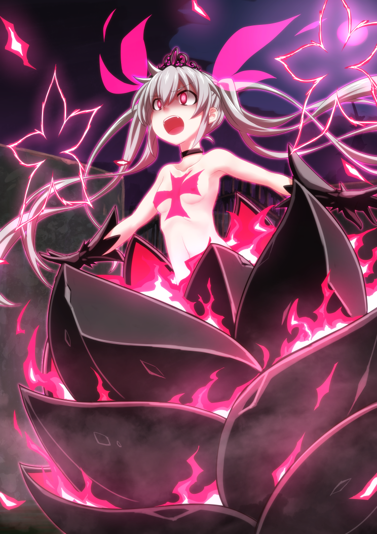 1girl, choker, cross, flower, mary_skelter, mizunashi_(second_run), open_mouth, oyayubihime_(mary_skelter)