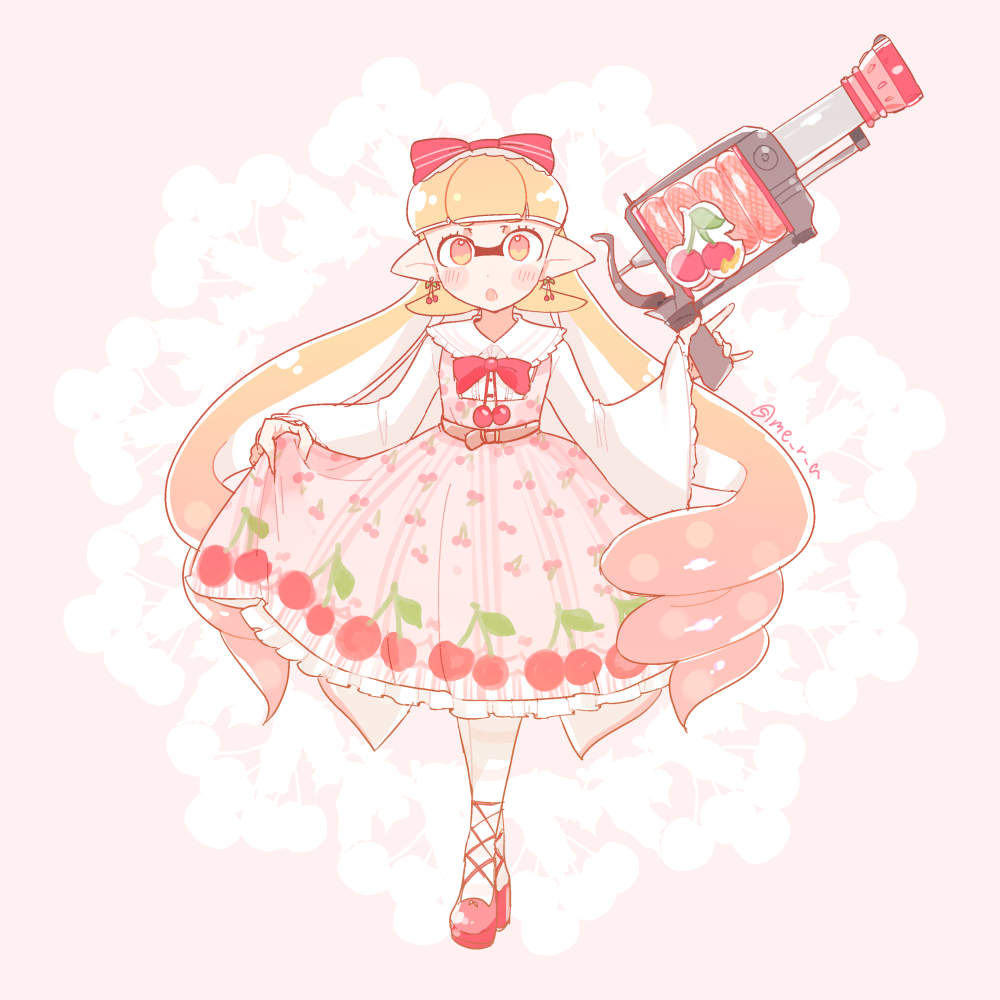 1girl, amamiya_yuumu, bangs, belt, blunt_bangs, bow, bowtie, cherry_print