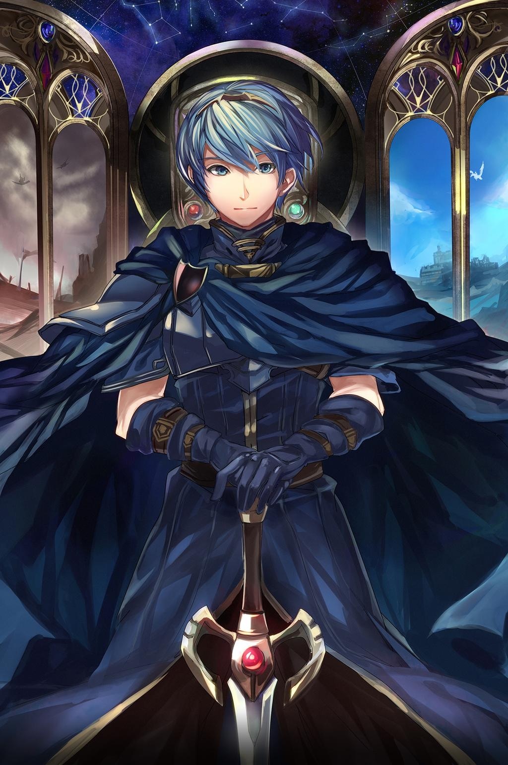 1boy, blue_eyes, blue_gloves, blue_hair, constellation, fire_emblem, fire_emblem:_mystery_of_the_emblem, gloves