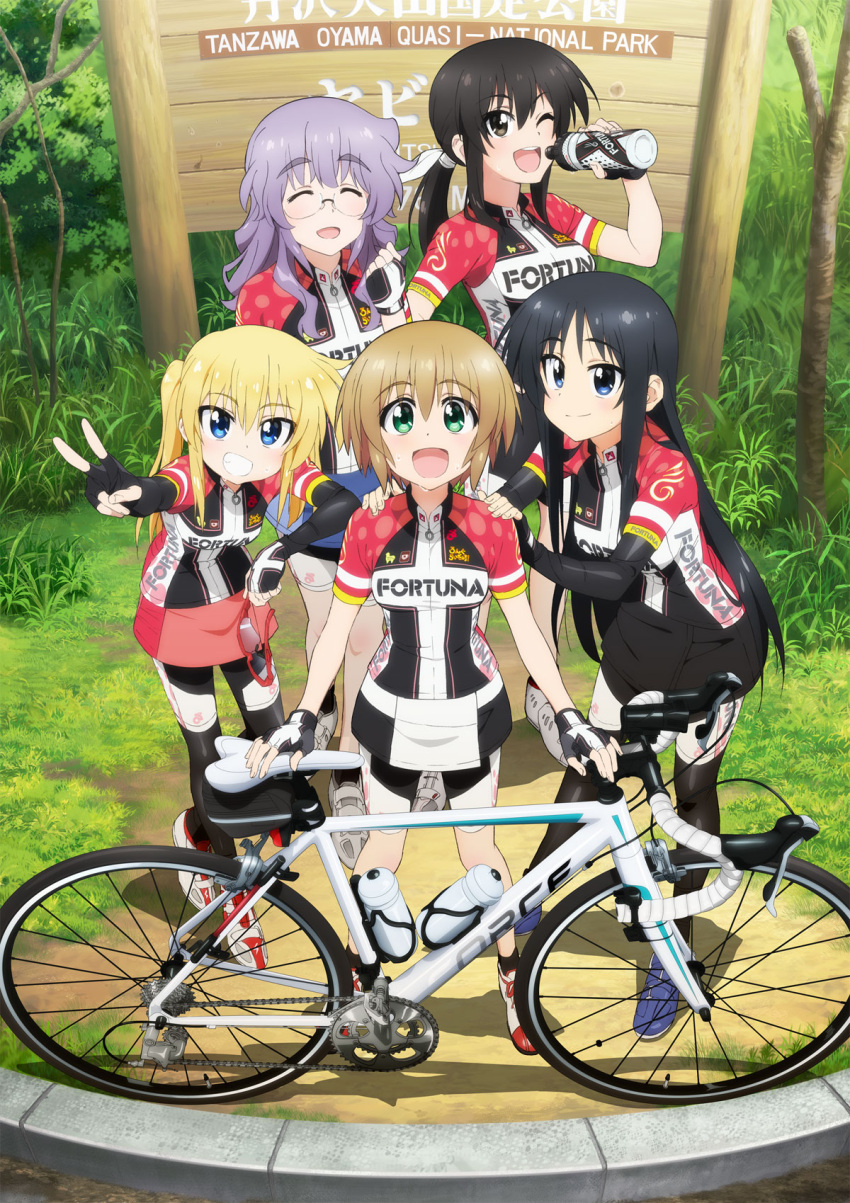 5girls, black_eyes, black_hair, blonde_hair, blue_eyes, brown_hair, closed_eyes, cyclist