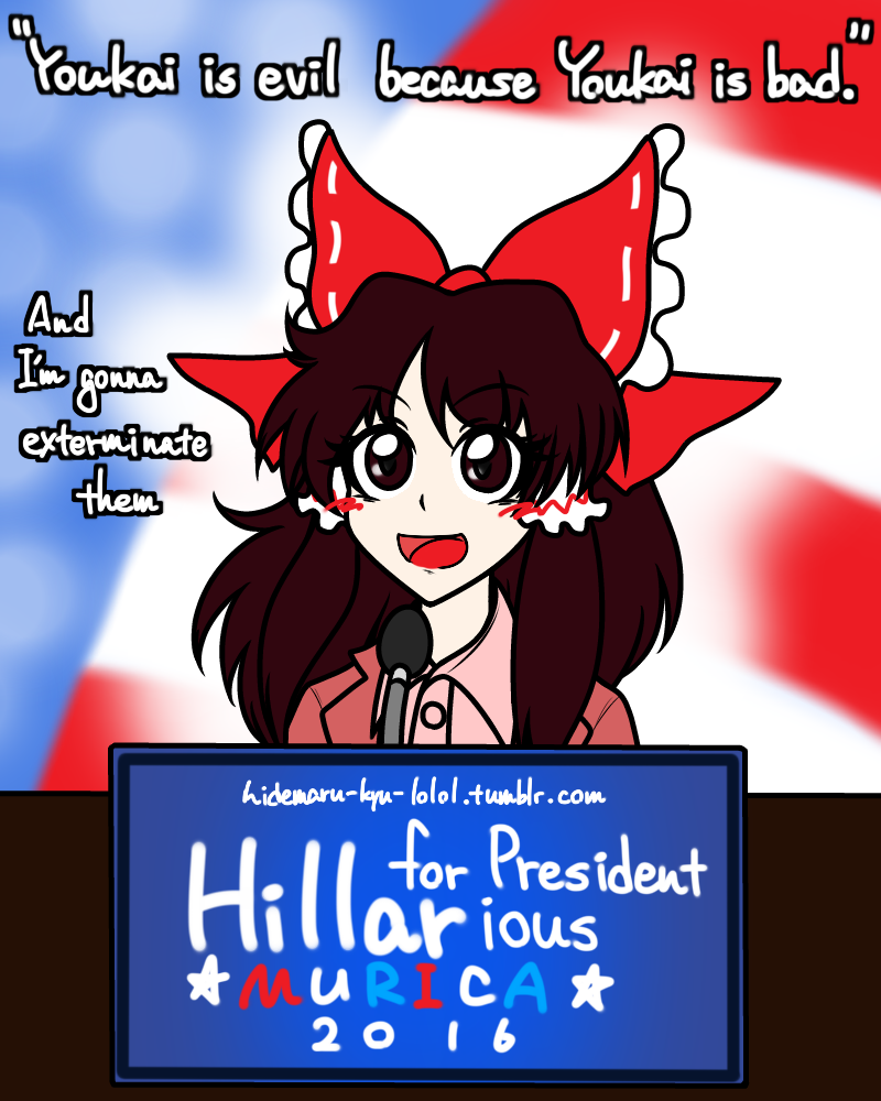 american_flag, bow, brown_eyes, brown_hair, english, hakurei_reimu, hidemaru-kyu, hillary_clinton