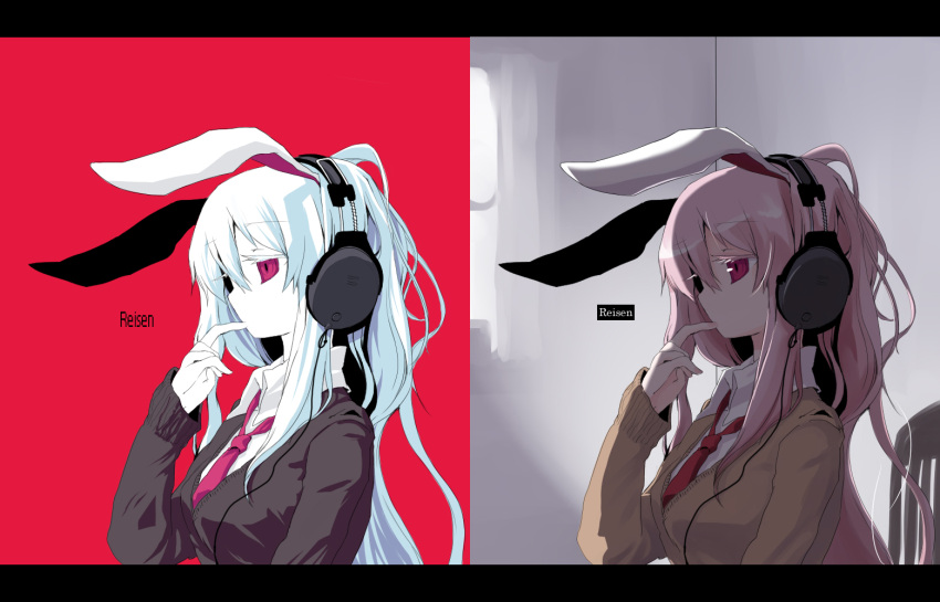animal_ears, azuma_seiji, bunny_ears, finger_to_mouth, headphones, necktie, parody, pink_eyes