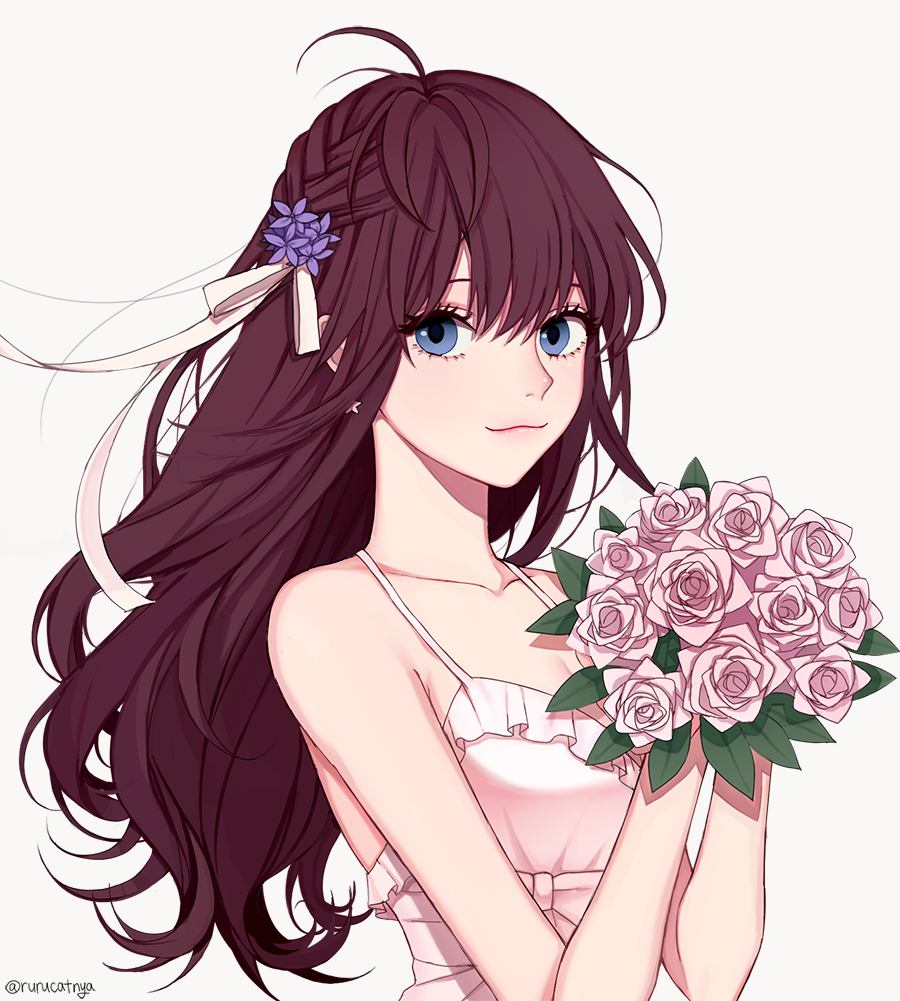 1girl, ahoge, blue_eyes, bouquet, breasts, brown_hair, cleavage, dress