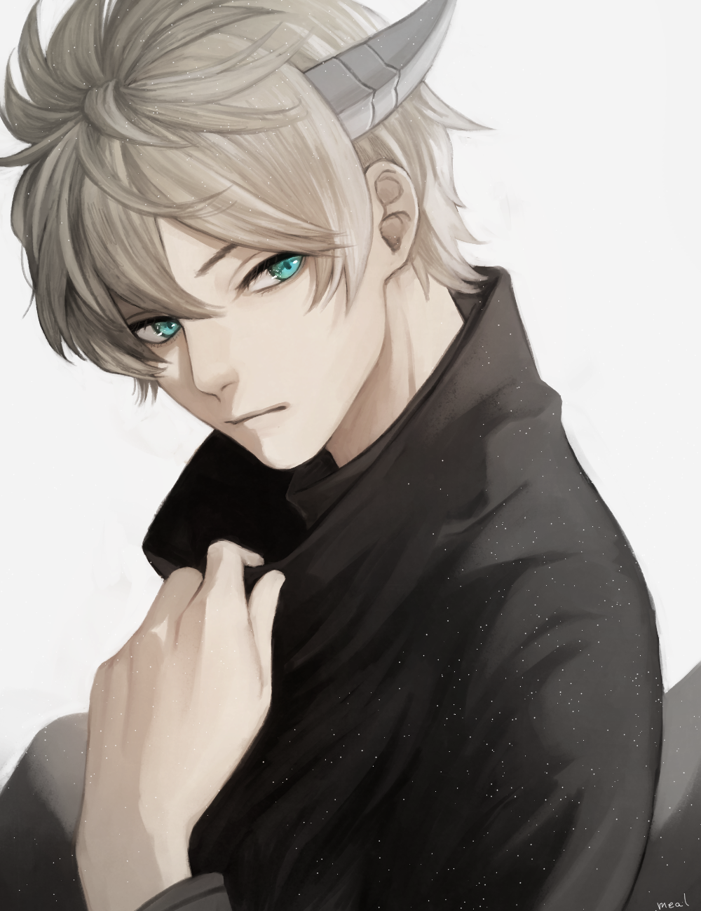 1boy, aqua_eyes, bangs, closed_mouth, curry_gohan, grey_background, highres, horn