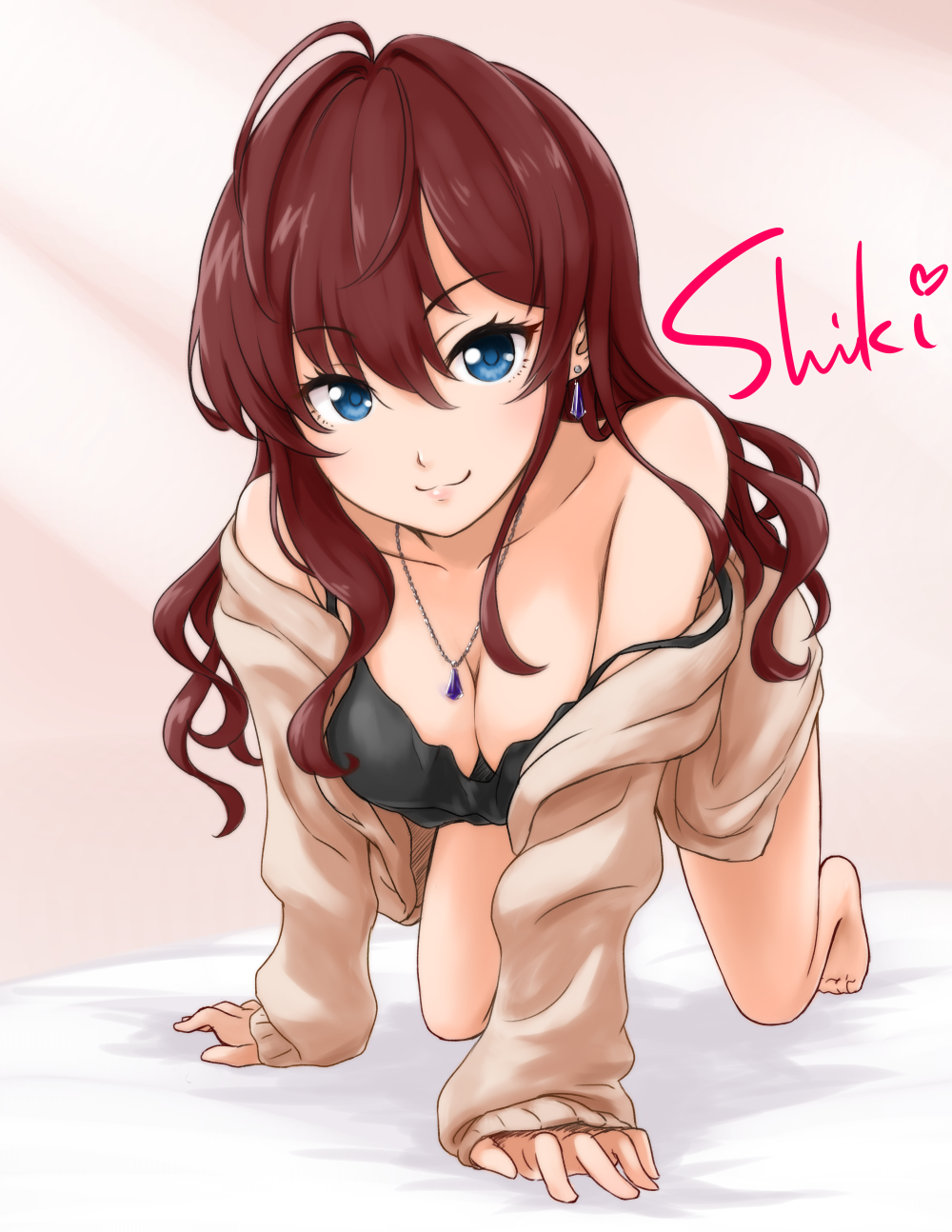 1girl, barefoot, black_dress, blue_eyes, breasts, brown_hair, character_name, cleavage