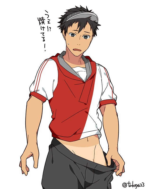 1boy, adonis_belt, black_eyes, black_hair, groin, hood, hoodie, male_focus, male_protagonist_(pokemon_go), pants_pull, pokemon, pokemon_go, short_hair, short_sleeves, simple_background, solo, sweatdrop, takeya23, tan, tanline, twitter_username, wavy_mouth, white_background
