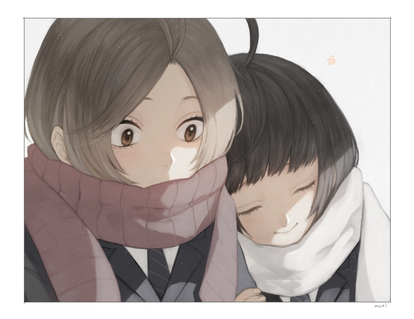 2girls, ahoge, amatori_chika, antenna_hair, arm_holding, bangs, black_hair, black_jacket