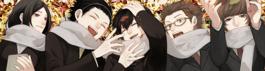 1girl, 2016, 3boys, ^_^, absurdres, arms_up, autumn, autumn_leaves