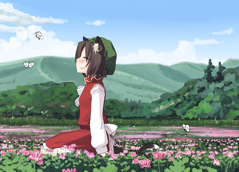butterfly, cat_ears, cat_tail, chen, earrings, field, flower, happy